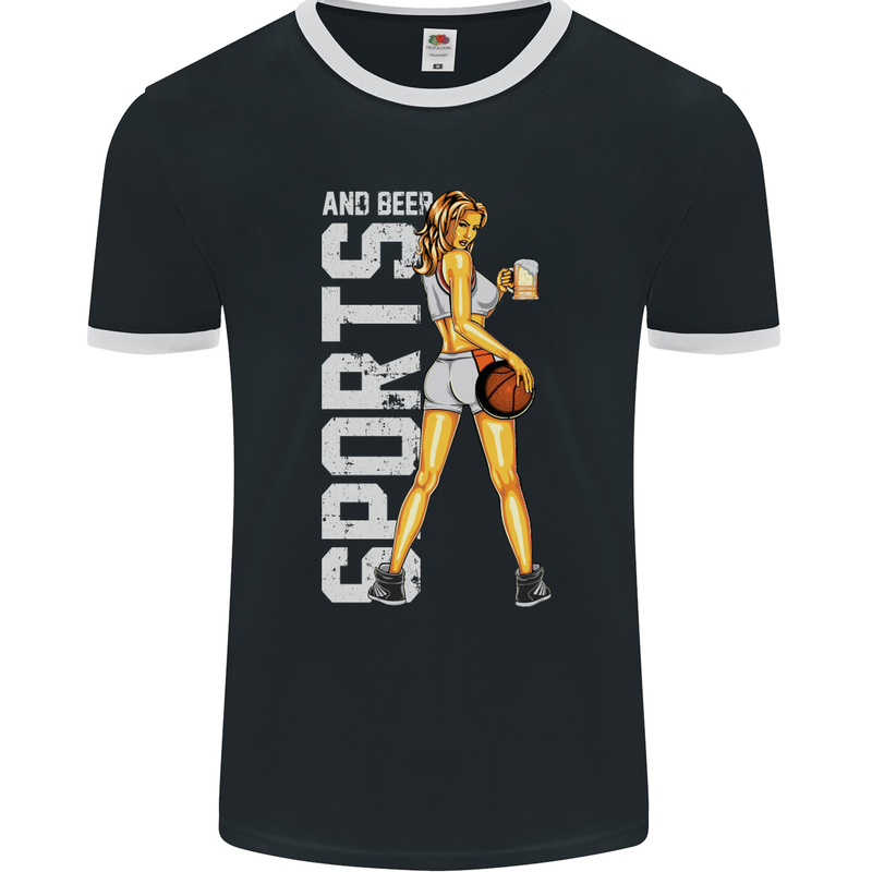 Basketball Sports & Beer Funny Mens Ringer T-Shirt FotL Black/White