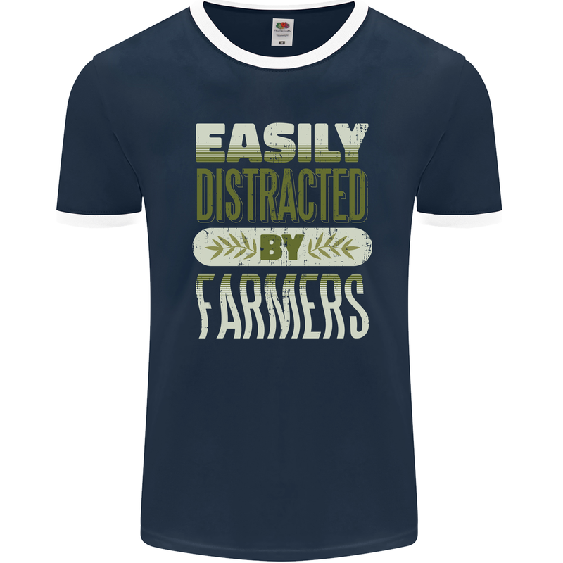 Easily Distracted Farmers Farming Mens Ringer T-Shirt FotL Navy Blue/White