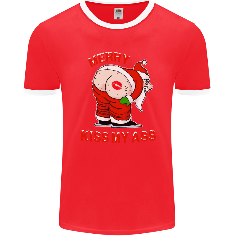 Merry Kiss My Ass Funny Christmas Mens Ringer T-Shirt FotL Red/White