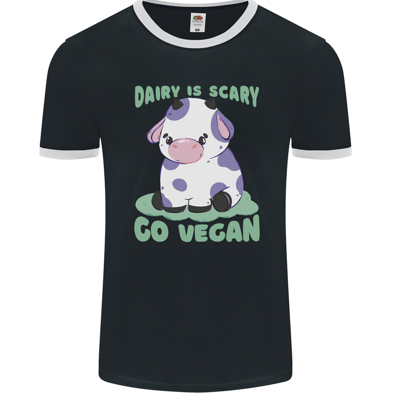 Dairy Is Scary Go Vegan Funny Mens Ringer T-Shirt FotL Black/White