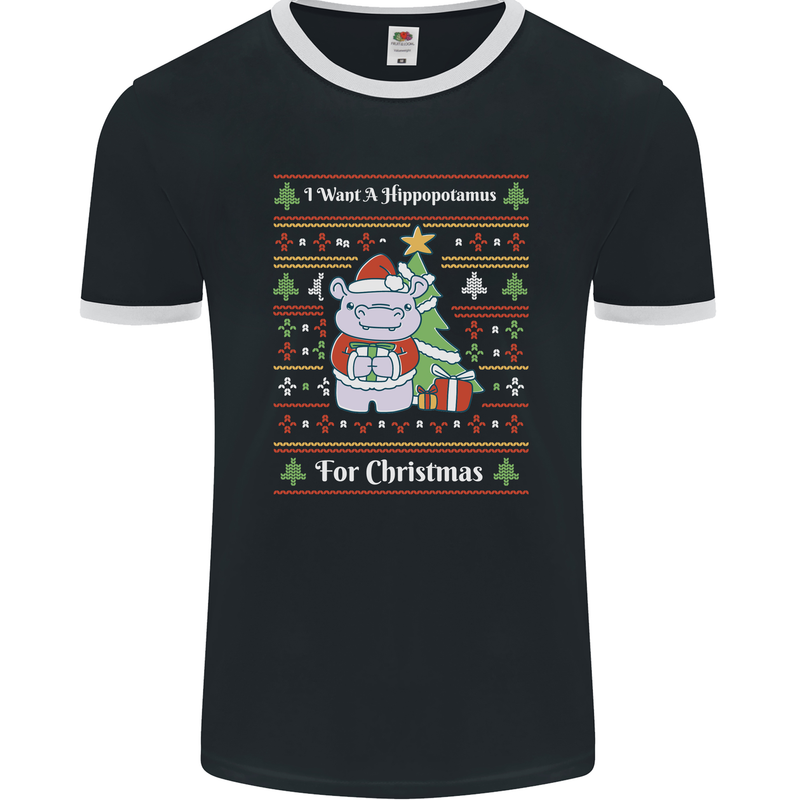 Hippo Christmas Funny Hippopotamus Mens Ringer T-Shirt FotL Black/White