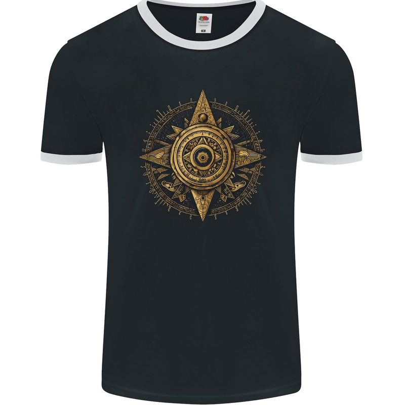 A Fantasy Gold Compass Mens Ringer T-Shirt FotL Black/White