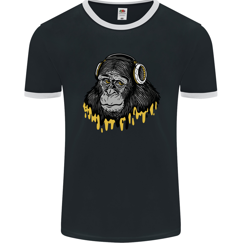 Monkey DJ Headphones Music Mens Ringer T-Shirt FotL Black/White