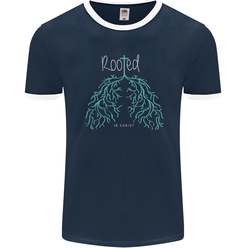 Rooted Christ Christian Catholic Religion Mens Ringer T-Shirt FotL Navy Blue/White