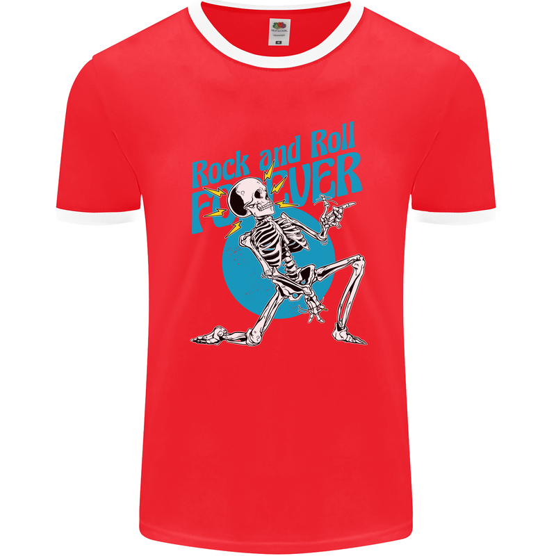 Rock & Roll Forever Air Guitar Skeleton Skull Mens Ringer T-Shirt FotL Red/White