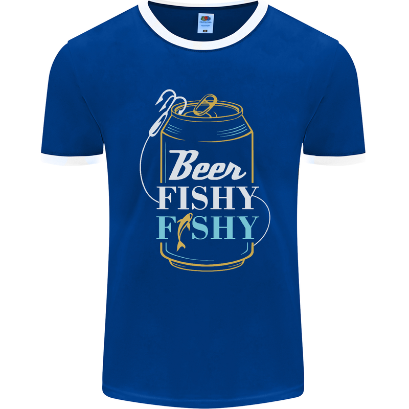 Fishing Beer Here Fishy Fisherman Funny Mens Ringer T-Shirt FotL Royal Blue/White