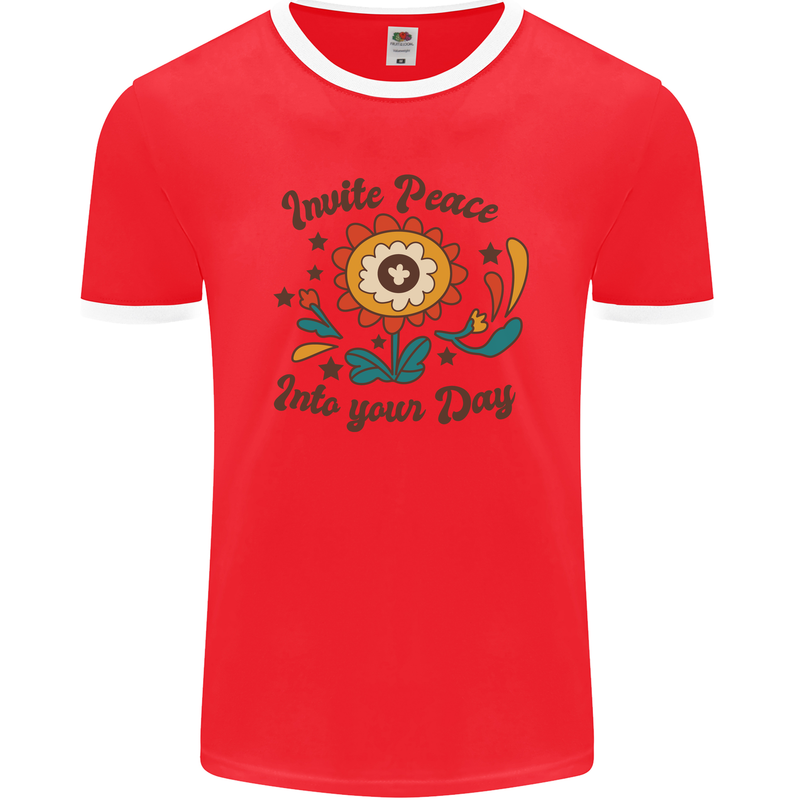 Invite Peace Day Hippy Flower Power Funny Mens Ringer T-Shirt FotL Red/White