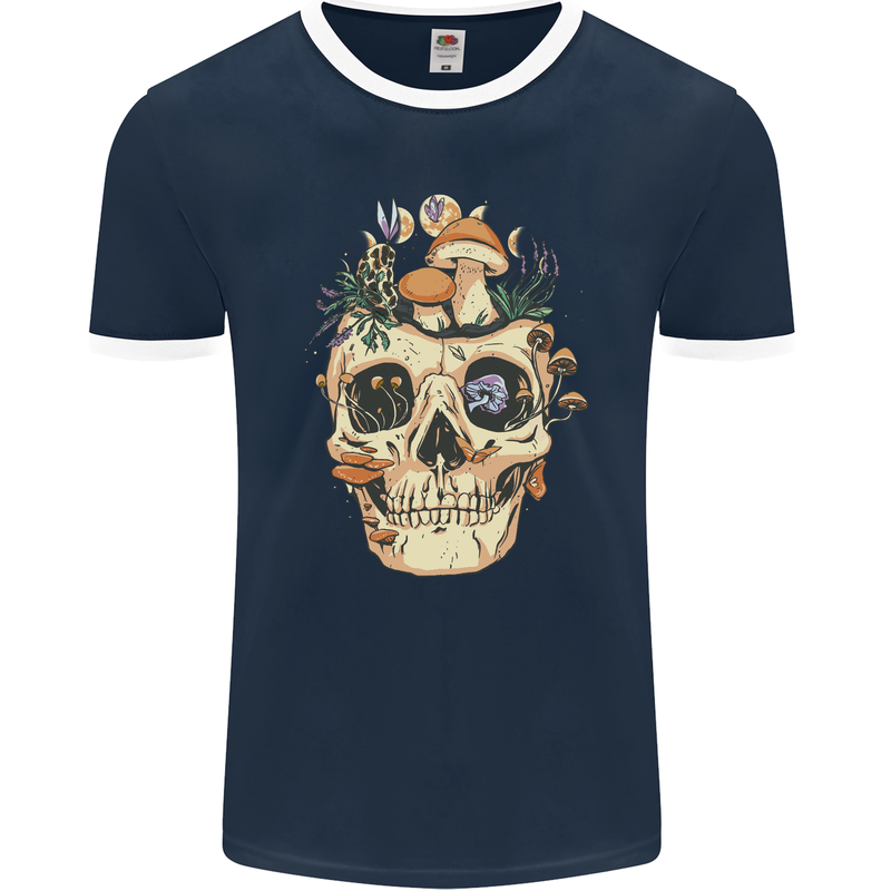 Mushroom Skull Nature Ecology Toadstool Mens Ringer T-Shirt FotL Navy Blue/White