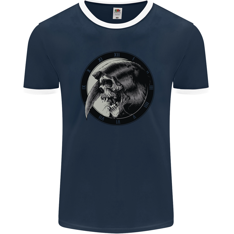 Grim Reaper Clock Skull Biker Gothic Demon Mens Ringer T-Shirt FotL Navy Blue/White