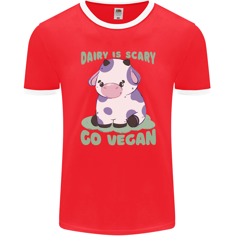 Dairy Is Scary Go Vegan Funny Mens Ringer T-Shirt FotL Red/White