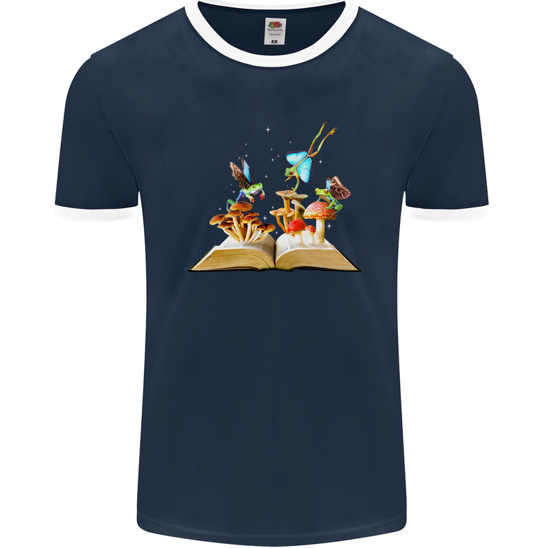 Trippy Nature Book Magic Mushrooms LSD Mens Ringer T-Shirt FotL Navy Blue/White
