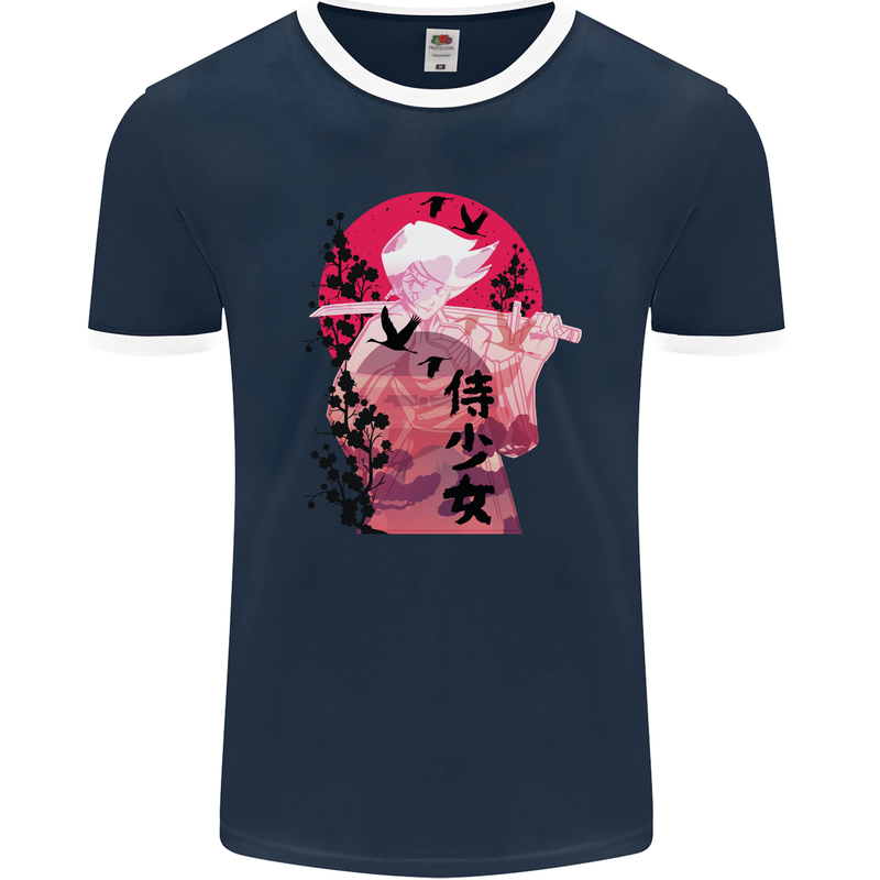 Anime Samurai Woman With Sword Mens Ringer T-Shirt FotL Navy Blue/White