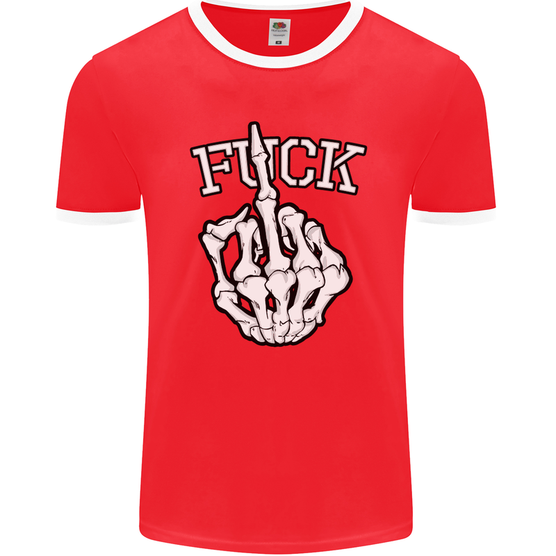 Finger Flip Fuck Skull Offensive Biker Mens Ringer T-Shirt FotL Red/White