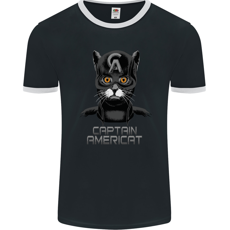 Captain Americat Funny Superhero Cat Mens Ringer T-Shirt FotL Black/White