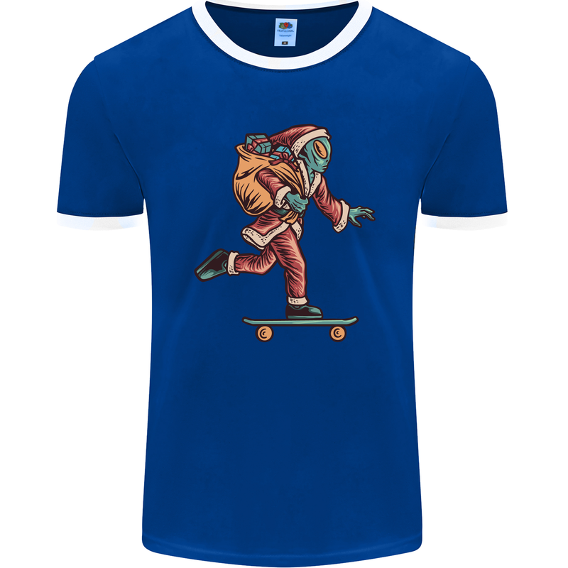 Funny Santa Clause Alien on a Skateboard Mens Ringer T-Shirt FotL Royal Blue/White