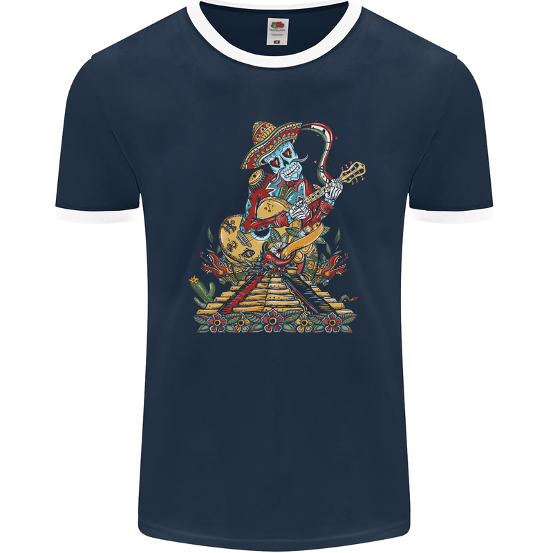 Mariachi Sugar Skull Day of the Dead Guitar Mens Ringer T-Shirt FotL Navy Blue/White