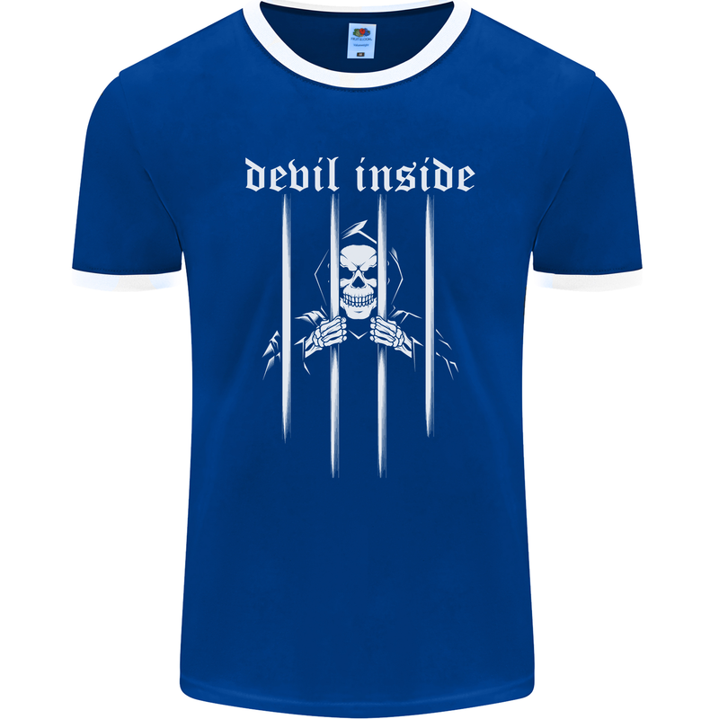 Devil Inside Grim Reaper Satan Skull Gothic Mens Ringer T-Shirt FotL Royal Blue/White