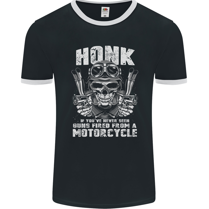 Honk Guns Fired From a Motorcycle Biker Mens Ringer T-Shirt FotL Black/White