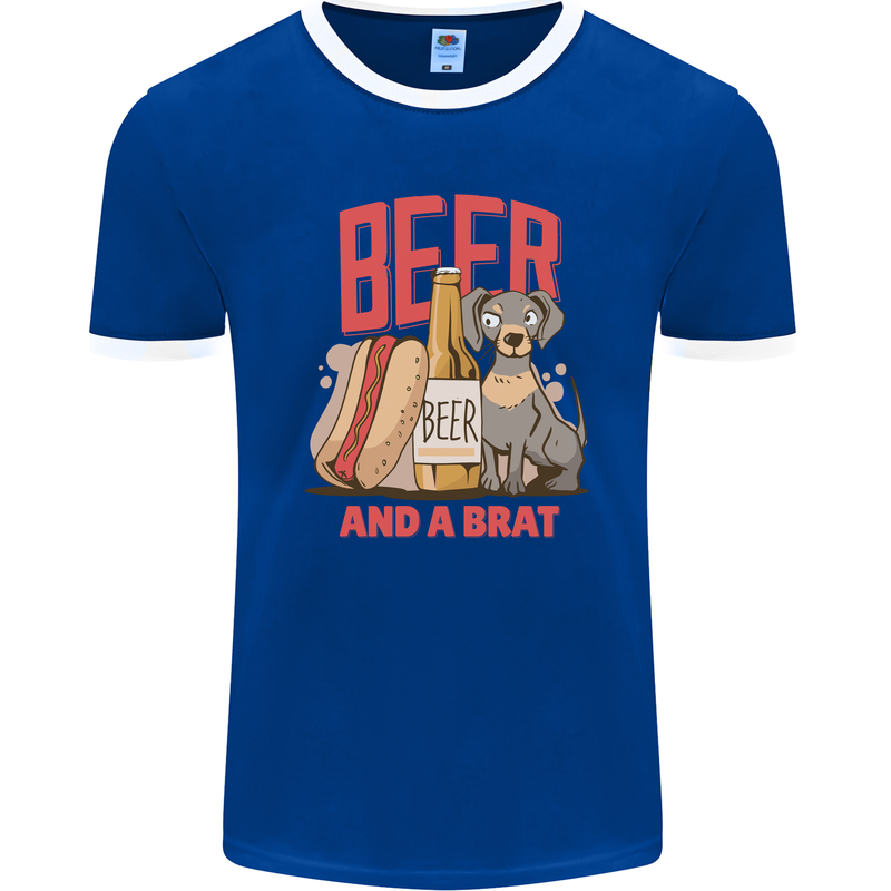 Beer and a Brat Funny Dog Alcohol Hotdog Mens Ringer T-Shirt FotL Royal Blue/White