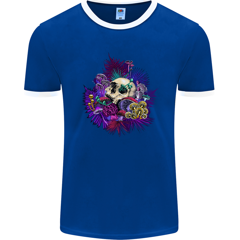 Magic Mushroom Skull LSD Hallucinogenic Mens Ringer T-Shirt FotL Royal Blue/White