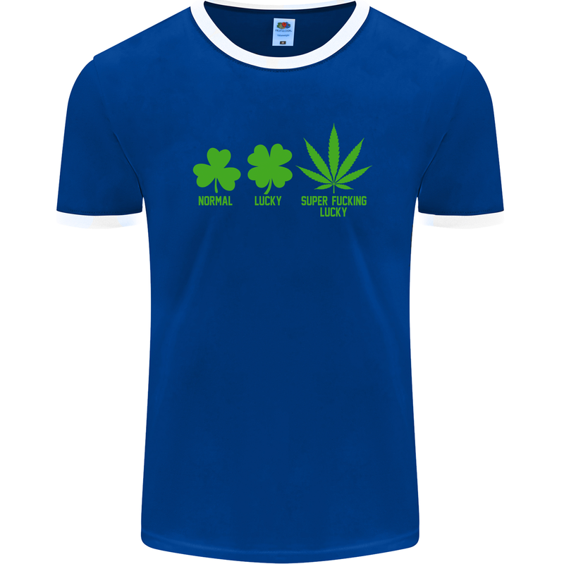 St. Patrick's Day Lucky Weed Drugs Funny Mens Ringer T-Shirt FotL Royal Blue/White