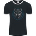 A Wolf in Viking Symbols Text Valhalla Mens Ringer T-Shirt FotL Black/White