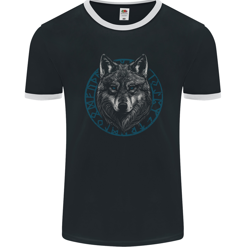 A Wolf in Viking Symbols Text Valhalla Mens Ringer T-Shirt FotL Black/White