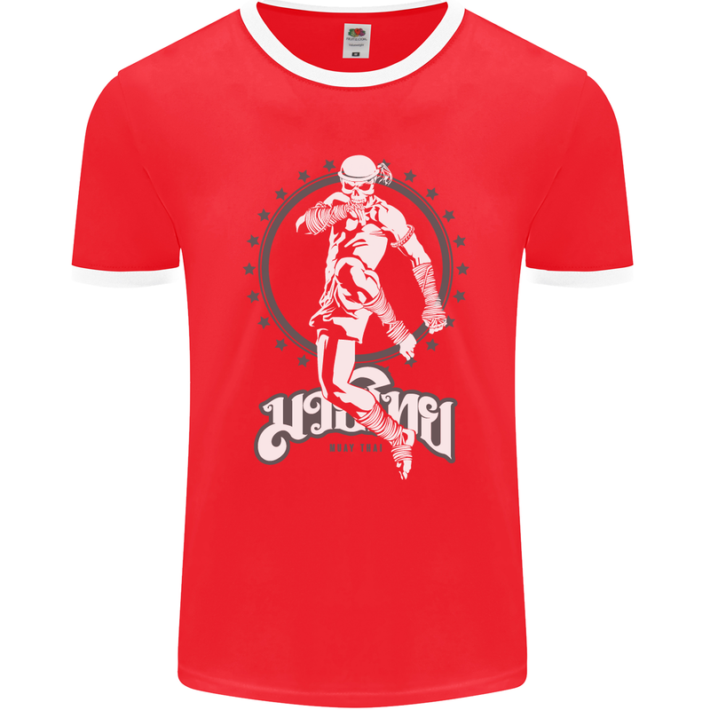 Muay Thai Skeleton MMA Mixed Martial Arts Mens Ringer T-Shirt FotL Red/White