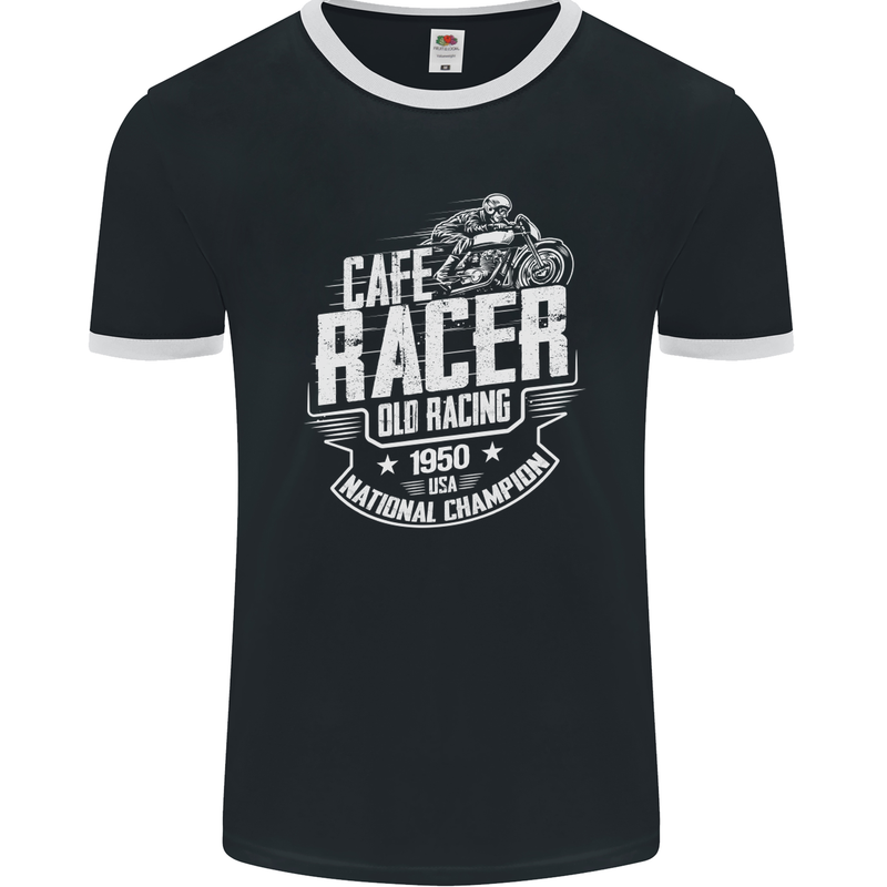 Cafe Racer Old Racing Biker Motorcycle Mens Ringer T-Shirt FotL Black/White