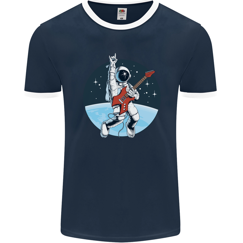 Space Rock Funny Astronaut Guitar Guitarist Mens Ringer T-Shirt FotL Navy Blue/White