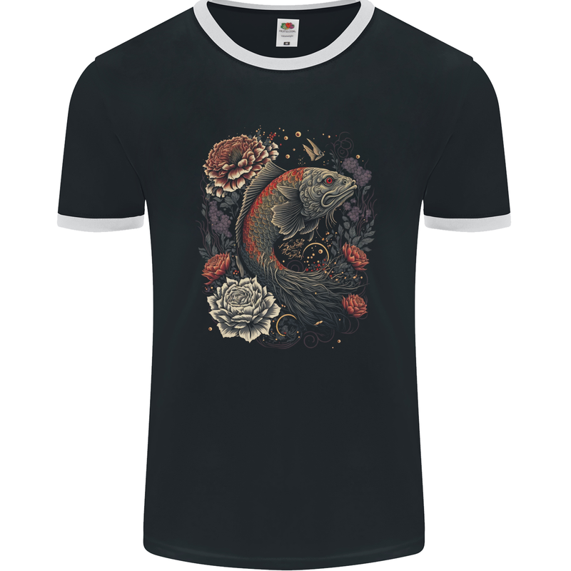Fantasy Dragon Fish With Roses Mens Ringer T-Shirt FotL Black/White