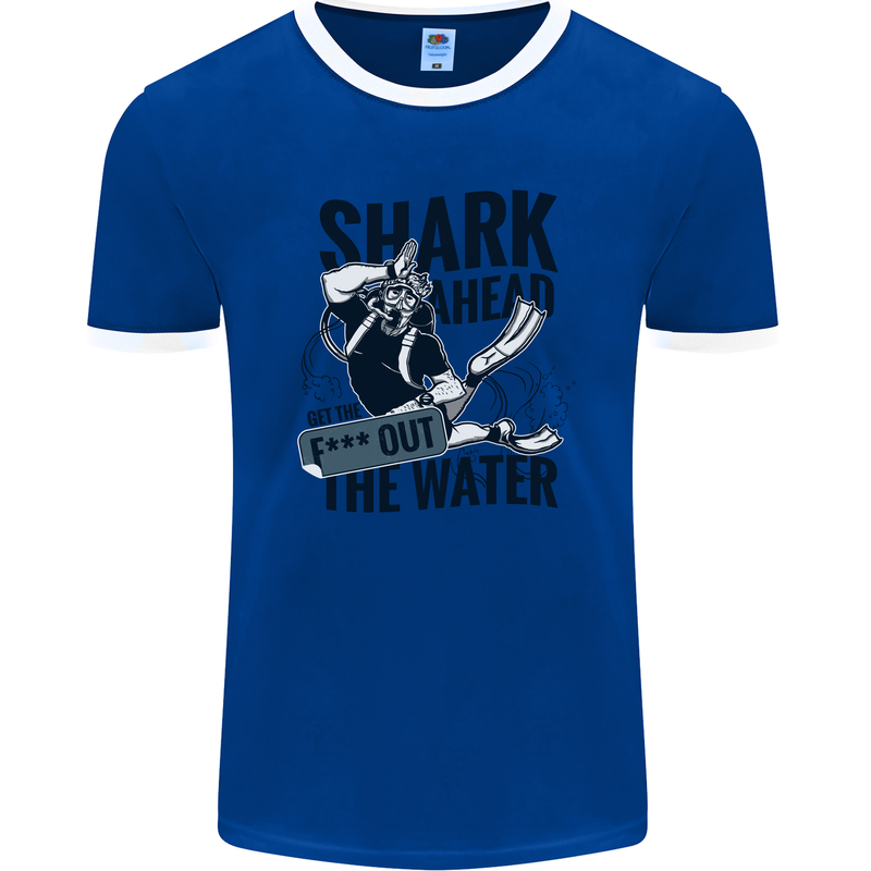 Shark Ahead Funny Scuba Diving Diver Mens Ringer T-Shirt FotL Royal Blue/White