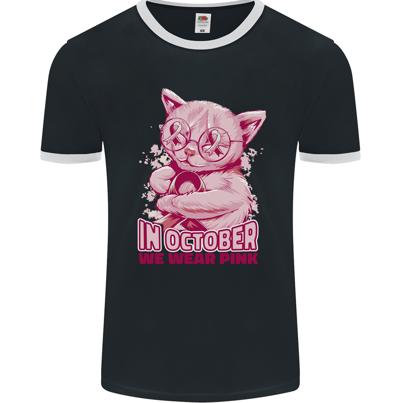 Breast Cancer Awareness October Cat Mens Ringer T-Shirt FotL Black/White
