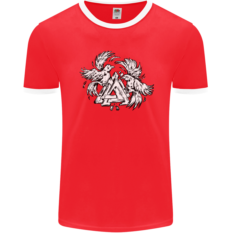 Vikings Valknut Symbol With Ravens Mens Ringer T-Shirt FotL Red/White
