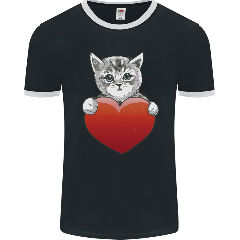 A Cute Cat With a Heart Love Valentines Day Mens Ringer T-Shirt FotL Black/White