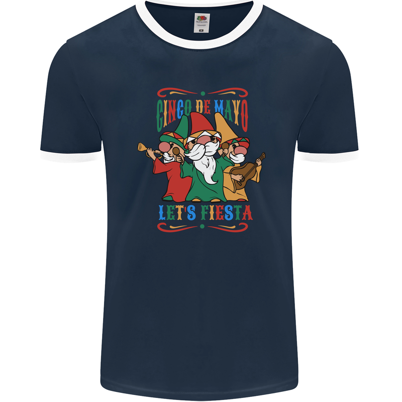 Cinco De Mayo Lets Fiesta Funny Gnomes Mens Ringer T-Shirt FotL Navy Blue/White