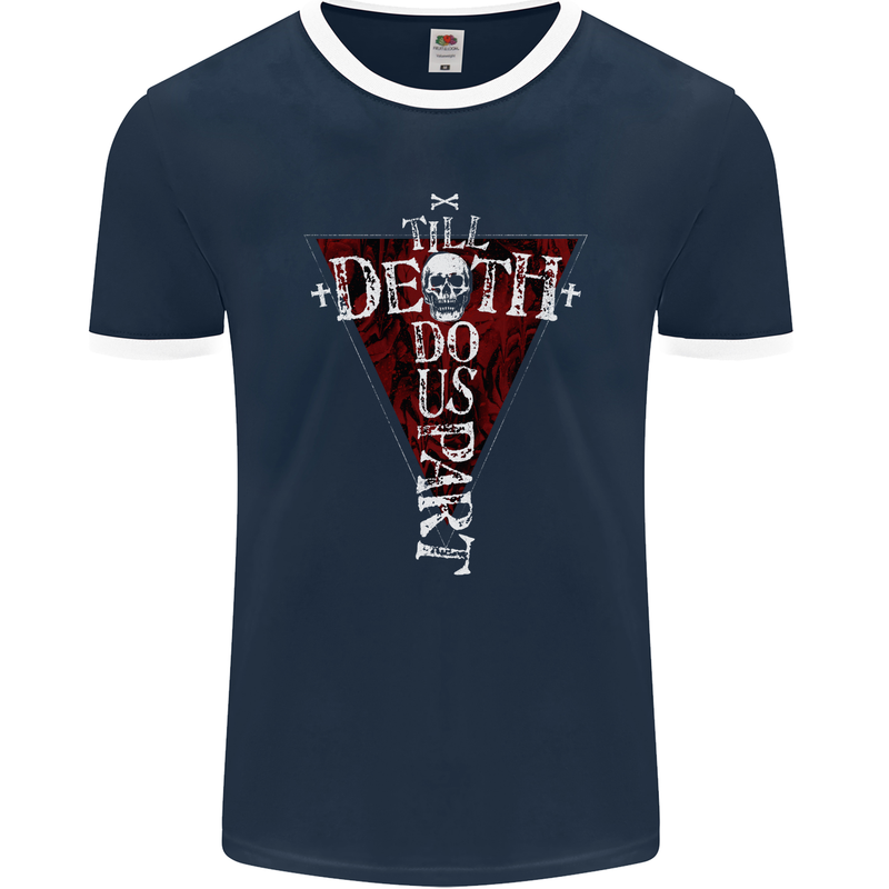 Death Do Us Part Gothic Skull Biker Cross Mens Ringer T-Shirt FotL Navy Blue/White