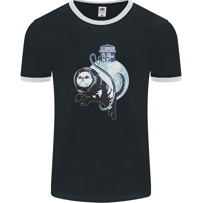 Space Astronaut Cat Funny Mens Ringer T-Shirt FotL Black/White