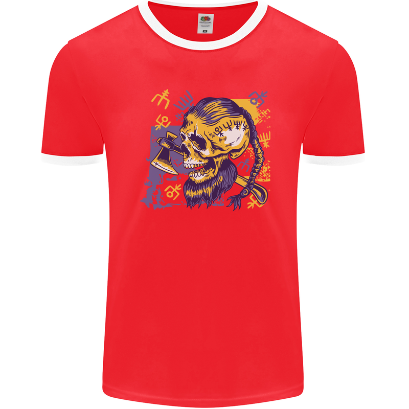 Viking Symbols Skull Mens Ringer T-Shirt FotL Red/White