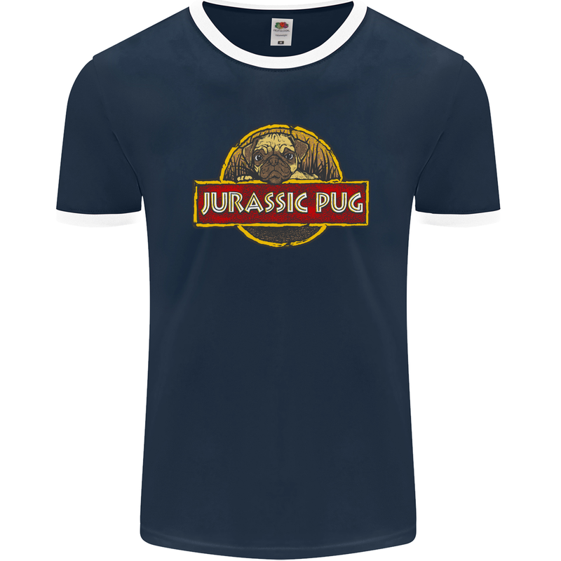 Jurassic Pug Funny Dog Movie Parody Mens Ringer T-Shirt FotL Navy Blue/White