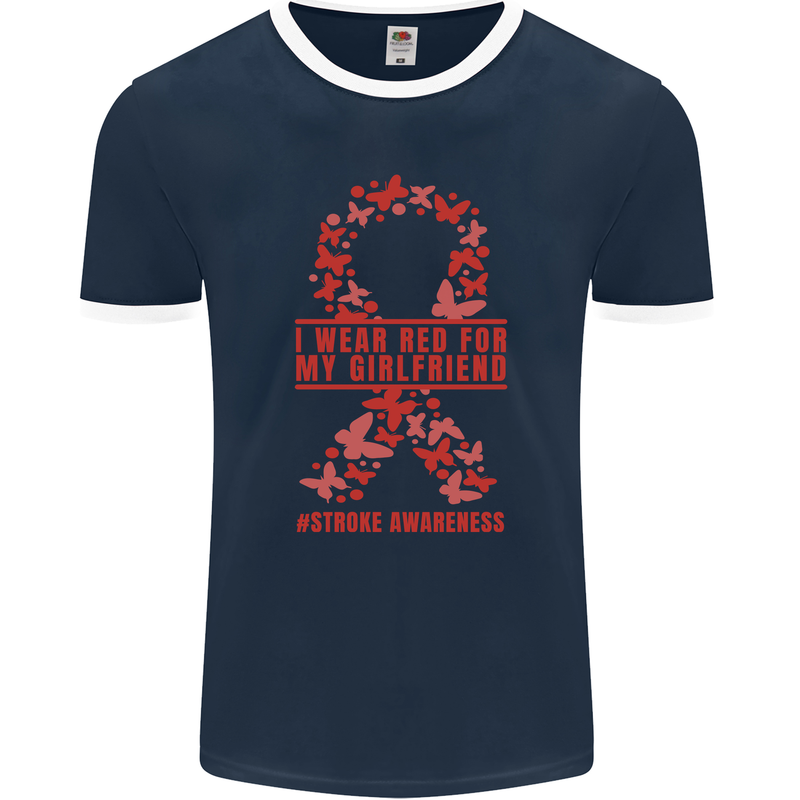 Wear Red For My Girlfriend Stroke Awareness Mens Ringer T-Shirt FotL Navy Blue/White