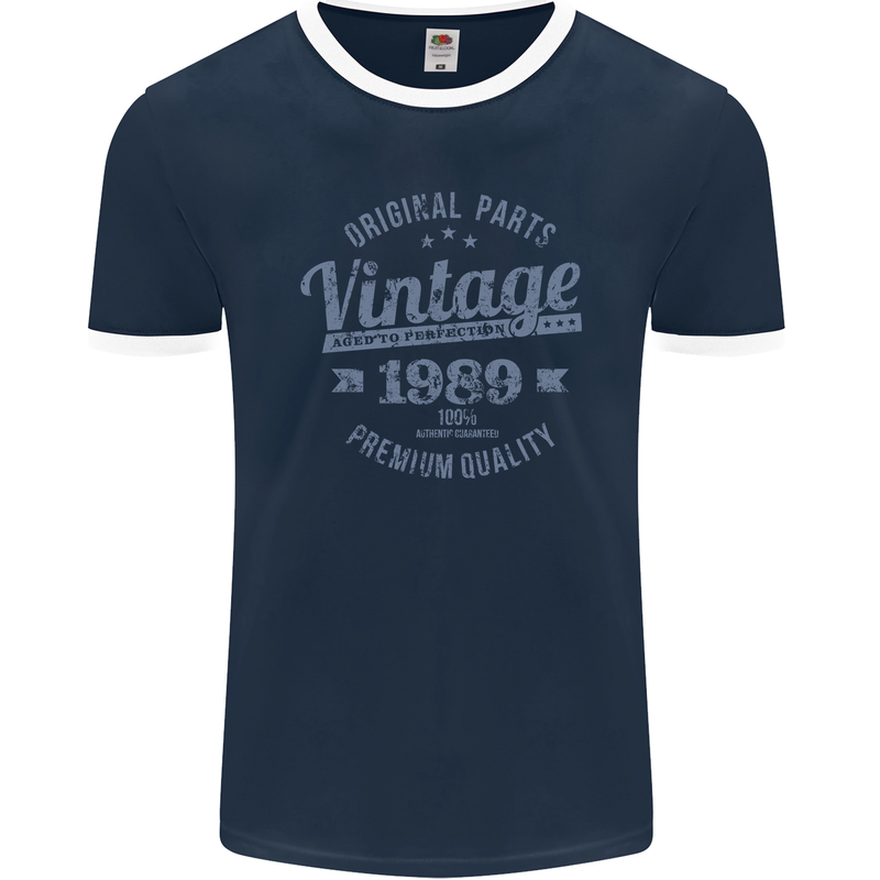 Vintage Year 34th Birthday 1989 Mens Ringer T-Shirt FotL Navy Blue/White