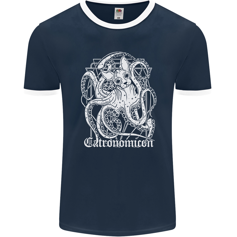 Catronomicon Devil Octopus Cat Mythology Mens Ringer T-Shirt FotL Navy Blue/White