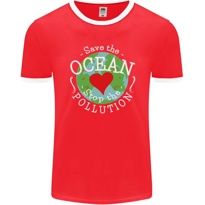 Environment Save the Ocean Stop Pollution Mens Ringer T-Shirt FotL Red/White