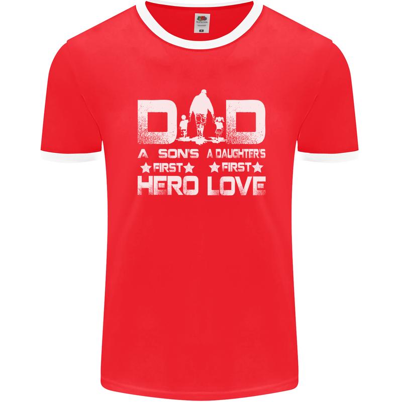 Fathers Day Son Hero Daughter Love Dad Mens Ringer T-Shirt FotL Red/White