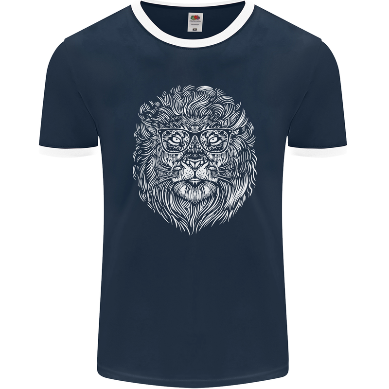 Funny Hipster Lion Mens Ringer T-Shirt FotL Navy Blue/White