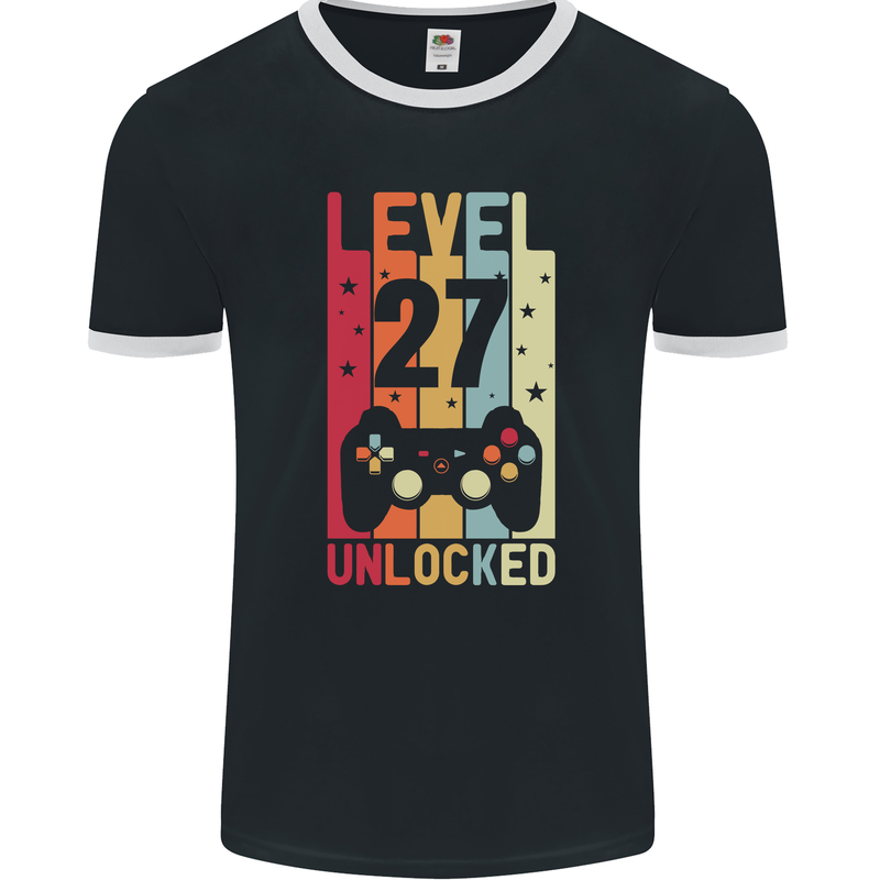 27th Birthday 27 Year Old Level Up Gamming Mens Ringer T-Shirt FotL Black/White