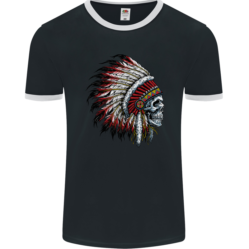 Indian Skull Headdress Biker Motorbike Mens Ringer T-Shirt FotL Black/White