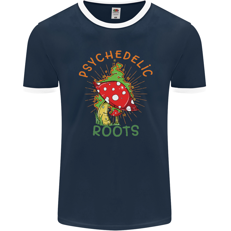 Psychedelic Roots Magic Mushrooms LSD Hippy Mens Ringer T-Shirt FotL Navy Blue/White