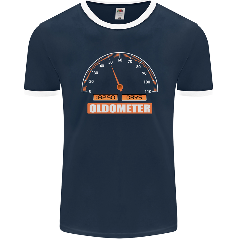 50th Birthday 50 Year Old Ageometer Funny Mens Ringer T-Shirt FotL Navy Blue/White